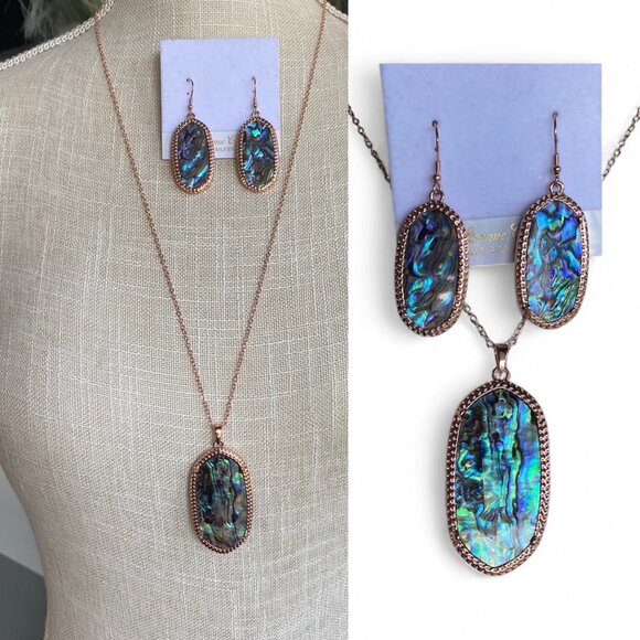 FAC Iridescent Abalone Rose Gold Necklace & Earrings - Picture 1 of 9